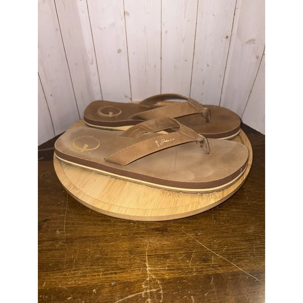 Walk In His Footsteps ‎ Sandals Cross Footprint John 3:16 Brown Size 8